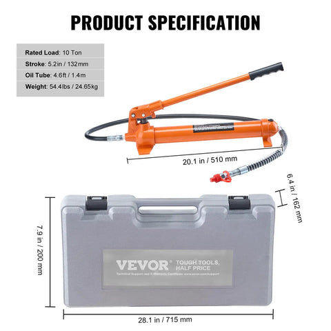 10 Ton Portable Hydraulics Porta Power Kit With 4.6 Ft Long Hose And Extended Handle Auto Body Frame Repair Jack in sturdy carry case