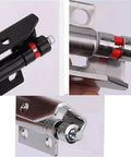 Close-up of Heavy Duty Stainless Steel Door Hinges for Distribution Boxes and Switchgear Rust Proof Industrial Grade Hardware with black and red details.