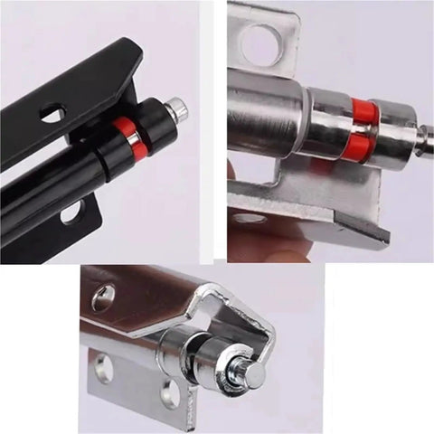 Close-up of Heavy Duty Stainless Steel Door Hinges for Distribution Boxes and Switchgear Rust Proof Industrial Grade Hardware with black and red details.