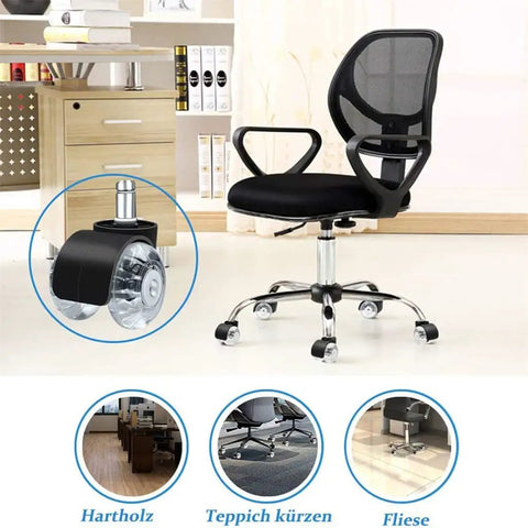 Five Piece Rock Solid Office Chair Caster Wheels With Universal Replacement Furniture Casters Boasting Silent Roll Pu Tread for black office chair on wooden floor.