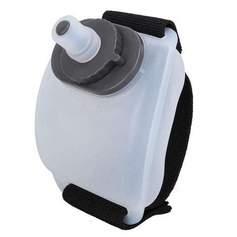 200ml Silicone Wrist Water Bottle with Leakproof Bite and Drink Spout, black adjustable strap, for jogging or gym use.