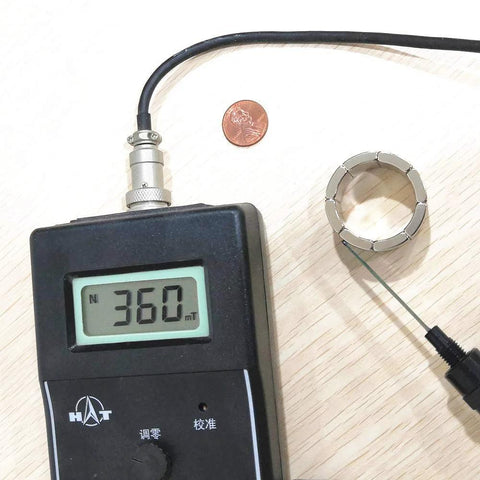 NdFeB arc-segment magnet ring, 36 mm Ø, 20 mm thick, beside a gauss meter displaying 360 mT.