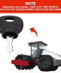 Heavy Equipment Ignition Key For Hamm Bomag Volvo Bobcat Caterpillar JCB New Holland Dynapac Terex Skytrak 10 Pack Beefy Metal Key With Black Plastic Grip shown with construction roller