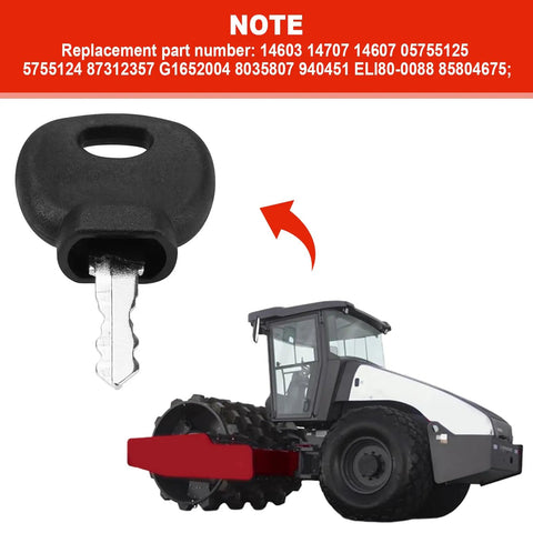 Heavy Equipment Ignition Key For Hamm Bomag Volvo Bobcat Caterpillar JCB New Holland Dynapac Terex Skytrak 10 Pack Beefy Metal Key With Black Plastic Grip shown with construction roller