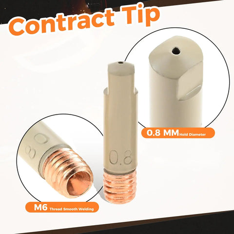 Heavy Duty 14 Pcs Set Of 0.8mm KP1939 Mig Welding Ceramic Nozzle Tips With Non Stick Coating Ensures Quick Slag Release, Stops Overheating, And Boosts Efficiency For Tough Jobs Without Interruption image showing 0.8 mm contract tip with copper threading.