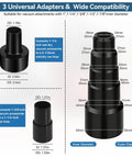 Detailed view of 3 universal adapters showing dimensions in the 14 Piece Vacuum Attachment Kit For Shop Vac With 2.5 To 1.25 Inch And 1.875 To 1 Inch Adapters