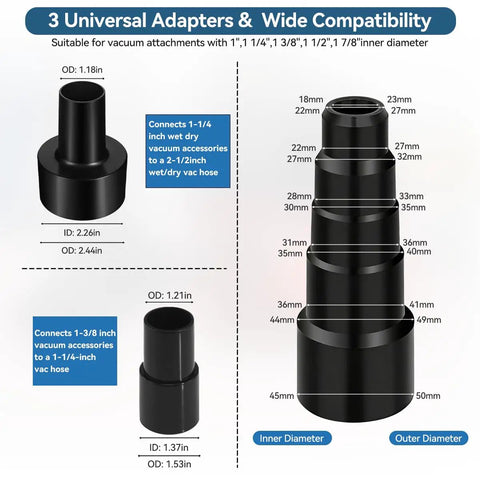Detailed view of 3 universal adapters showing dimensions in the 14 Piece Vacuum Attachment Kit For Shop Vac With 2.5 To 1.25 Inch And 1.875 To 1 Inch Adapters