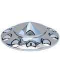 Chrome Plated Front Axle Cover Kit for Semi Trucks with Thread On 33mm Lug Nut Covers, shown in a cone shape with 10-hole design
