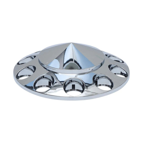 Chrome Plated Front Axle Cover Kit for Semi Trucks with Thread On 33mm Lug Nut Covers, shown in a cone shape with 10-hole design