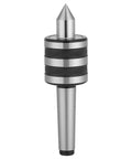 Front view of MT2 lathe live center with conical tip, knurled black grip, and silver shank.
