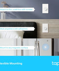 Smart Button Wireless Remote Dimmer Switch for 3 Way Control mounted on wall, furniture, and refrigerator demonstrating flexible mounting