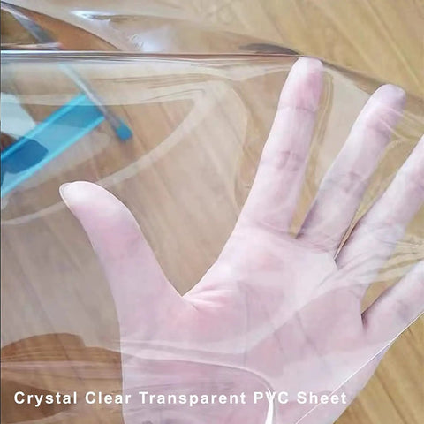 Crystal Clear Vinyl Round Tablecloth With Elastic Edge Fits 27 To 31 Inch Tables Spill Proof Waterproof, held by a hand
