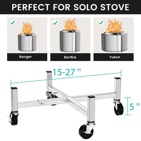 Beefy Heavy Duty Fire Pit Rolling Stand With 360 Swivel And Locking Wheels Universal Fit 15 To 27 Inch Pits shown with Solo Stoves