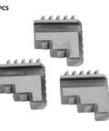 Bulletproof Three Piece Inside And Outside Jaw Chuck Set Featuring Self Centering Grip For Lathe Machining Precision Metalworking Tools showing three steel jaws.
