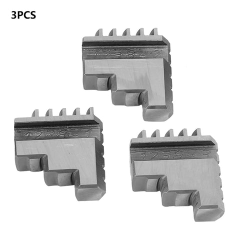 Bulletproof Three Piece Inside And Outside Jaw Chuck Set Featuring Self Centering Grip For Lathe Machining Precision Metalworking Tools showing three steel jaws.