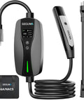 Level 1 2 Portable Ev Charger With Native Nacs Port Nema 5 15 Plug Adjustable 6 To 16 Amps For Tesla Ford Rivian Hybrids displaying charging interface and cable.