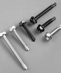 Top Grade 10 Gauge X 3/4 Inch Self Drilling Screws, 58 Pack Black Zinc Hex Washer Head Sheet Metal Fasteners on gray background.