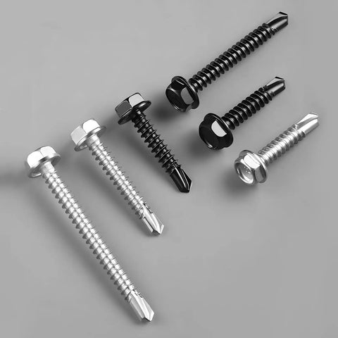 Top Grade 10 Gauge X 3/4 Inch Self Drilling Screws, 58 Pack Black Zinc Hex Washer Head Sheet Metal Fasteners on gray background.