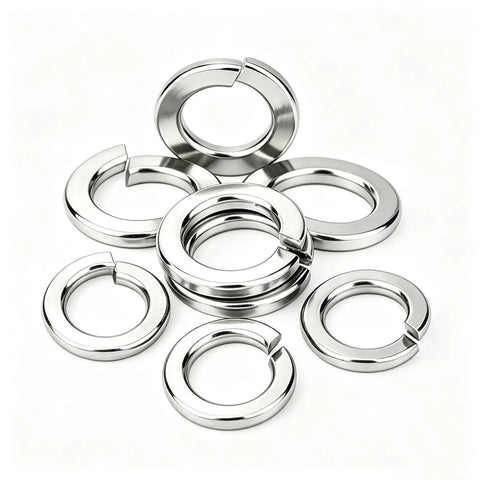 Spring Lock Washers Assortment Kit For DIY And Construction, 480 Pieces, 9 SAE Sizes M2 To M12, 304 Stainless Steel Split Lock Washers For Screws And Bolts, Built Tough And Rust Resistant, Ready For Any Repair Job. M2-M12 washers arranged on white background