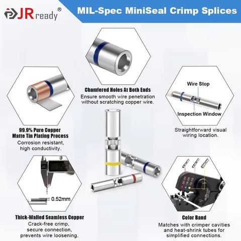 Waterproof Crimp Splice Kit With 150 Copper Splices And PVDF Tubes for auto and marine wiring showing design features.