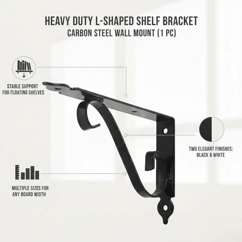 Heavy Duty Carbon Steel L-Shaped Shelf Brackets For Wall Mounts And Floating Shelves, Durable Black Or White Finish, Workhorse Load