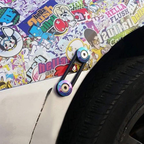 Close-up of installed Universal Quick Release Fastener Kit with Neo Chrome Finish for bumpers, featuring multi-color hardware.