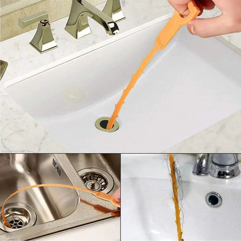 Drain Hair Snake Clog Remover Tool in use in sink and tub, orange 20-inch tool catching hair, part of four pack set