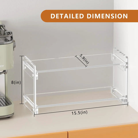 2 Tier Coffee Station Organizer for Countertops Acrylic Storage Shelf detailed dimensions displayed, 15.5"L x 6"W x 8"H.
