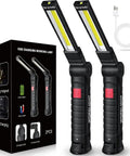 Must-Have Rechargeable LED Work Light For Mechanics With Magnetic Base And Hook, includes two lights and USB cable.