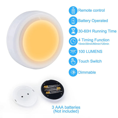 Two Pack Battery Operated LED Light Bulbs With Remote Control Dimmable Timer E26 Screw In Puck Lights AAA Battery Powered