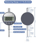 Front view: HDLNKAK digital dial indicator with LCD display, 0–1 in / 25.4 mm range, spring-loaded probe.
