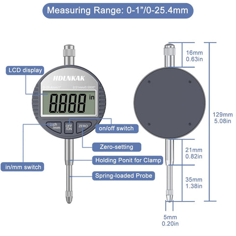Front view: HDLNKAK digital dial indicator with LCD display, 0–1 in / 25.4 mm range, spring-loaded probe.