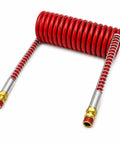 Sick Red Air Coil Hose 12 Ft Long Hits Shop Jobs Heavy Duty Half Inch OD And Half Male Pipe Fittings Replacement Swaps 16212R 022004 451035R No Drama Plug And Go Bad Boy Holds Pressure Tight For All Pneumatic Needs Reliable Workhorse Quality. Red coiled air hose with male pipe fittings, 12 ft, for pneumatic tools