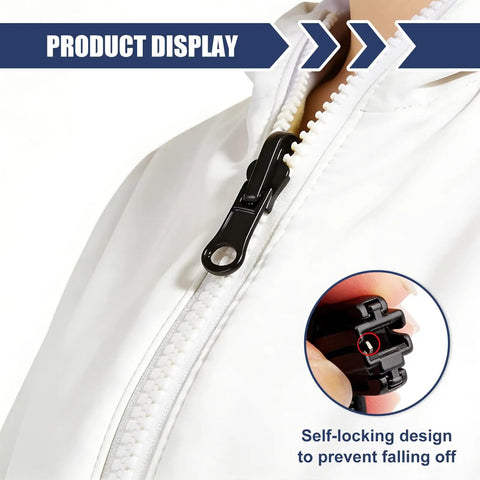Universal Zipper Repair Kit With Three Size Sets and Double Sided Zippers Replacement Kit for jackets shown in use with close-up