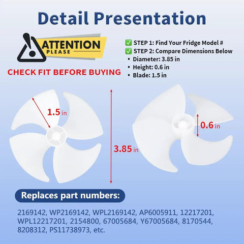 Upgraded Refrigerator Evaporator Fan Blade Replacement For Whirlpool Amana Kenmore Jenn Air KitchenAid Refrigerators Replaces WP2169142 AP6005911 dimensions and part numbers displayed