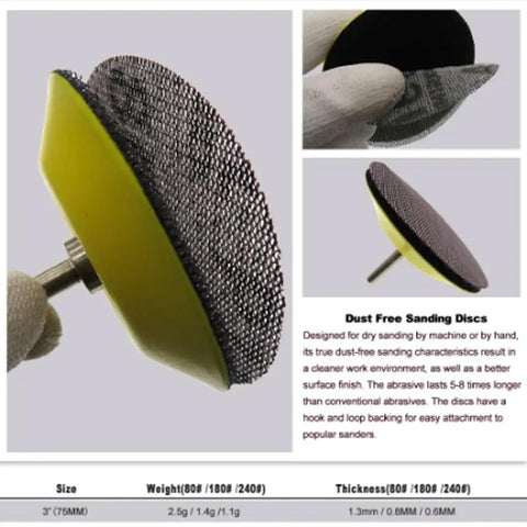 3 Inch Mesh Sandpaper Discs Hook Loop Dust-Free Sanding Discs for Wood Metal Drywall 80 Grit 20 Pcs mounted on a tool.