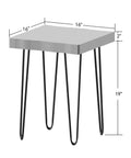 Solid Natural Wood Square Coffee Side Table With Black Hairpin Legs For Living Room Or Bedroom Handcrafted Rustic End Table with dimensions.