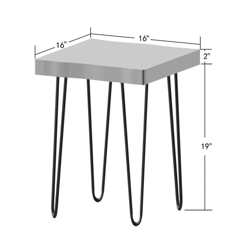 Solid Natural Wood Square Coffee Side Table With Black Hairpin Legs For Living Room Or Bedroom Handcrafted Rustic End Table with dimensions.