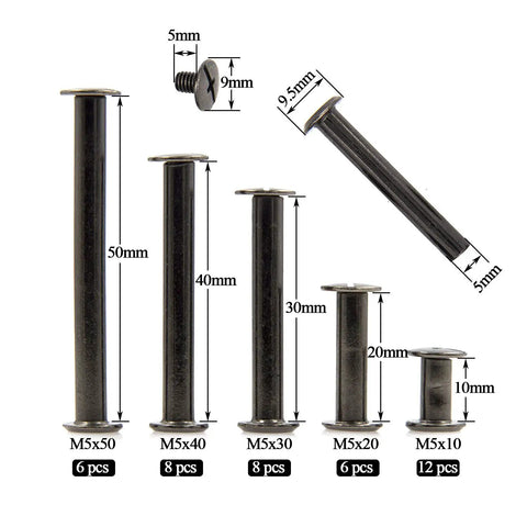 Hardcore No Nonsense Black Chicago Binding Screws M5 Assortment Kit With 80 Pieces showing various lengths and sizes of steel posts.