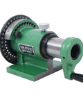 Precision Spin Indexing Fixture With 5C Collet Lathe Mount displaying a green rotary indexing jig with dial plate.