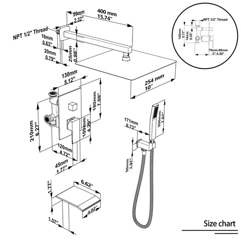Size chart for Rain Shower System With 10 Inch Wall Mount Faucet Waterfall Bathtub Spout Handheld Spray Rough In Valve And Trim Kit Chrome Polished High Pressure Water Saving Bath Shower Set For Luxury Homes.