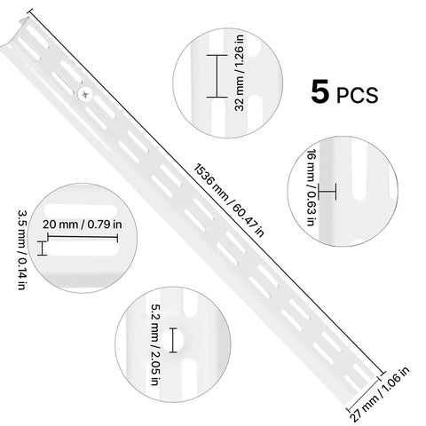 Premium Heavy Duty 60 Inch Shelf Pilasters 5 Pack Dual Track Upright Wall Shelving System Featuring Twin Slot Rails and Hardware 5 pieces with measurements.