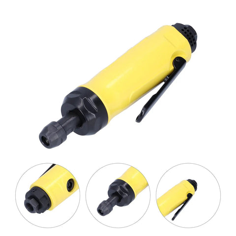 Compact Mini Air Angle Die Grinder 22000 RPM Pneumatic Power Tool with a yellow comfort grip and quick connect fitting.