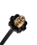 Close-up of brass connector end on Olympian 12-Foot RV Propane Supply Hose With Built-In Excess Flow Protection Connects Motorhome To 20-30 Lb Tanks Soft-Nose POL To One Quarter Inch Inverted Flare Replacement Hose For Propane Connection Kit And Tee.