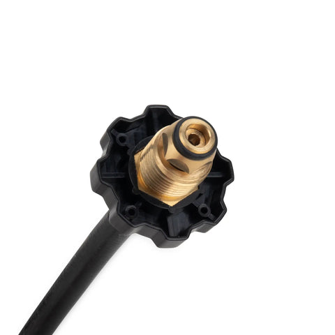 Close-up of brass connector end on Olympian 12-Foot RV Propane Supply Hose With Built-In Excess Flow Protection Connects Motorhome To 20-30 Lb Tanks Soft-Nose POL To One Quarter Inch Inverted Flare Replacement Hose For Propane Connection Kit And Tee.