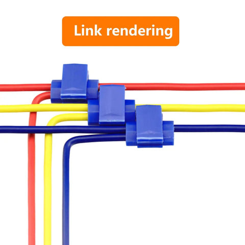 Easy Plug And Play Solderless Quick Splice Wire Connector Kit with color coded clips in use, demonstrating red, blue, yellow connections.
