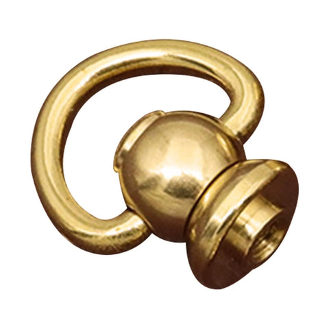 Gold-tone solid brass ball stud rivet with screw and 360° rotatable D-ring (close-up)