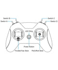 Diagram of FrSky D16 LiteRadio 2 SE Transmitter for FPV Drones showing controls and buttons with labels for easy navigation.