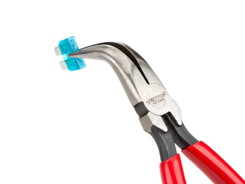 6 Inch 70 Degree Long Nose Pliers With Slim Bent Nose For Tight Obstructions, Extra Long Reach For Narrow Spaces, lightweight pro tool holding a fuse