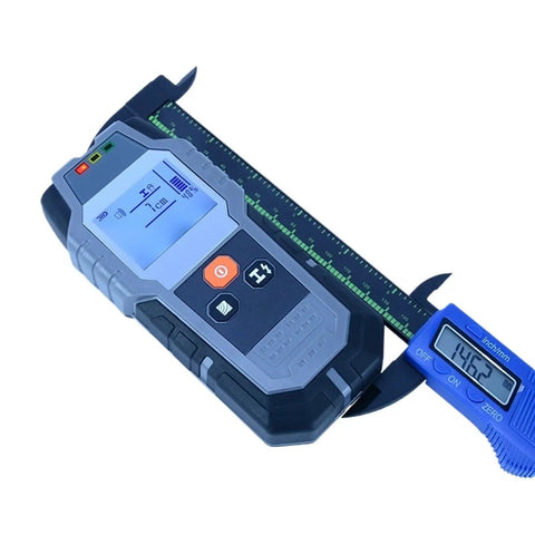 Prograde Stud Finder Wall Scanner detects wood joists, metal, AC wires with LCD, placed on measuring tool, for home repair.
